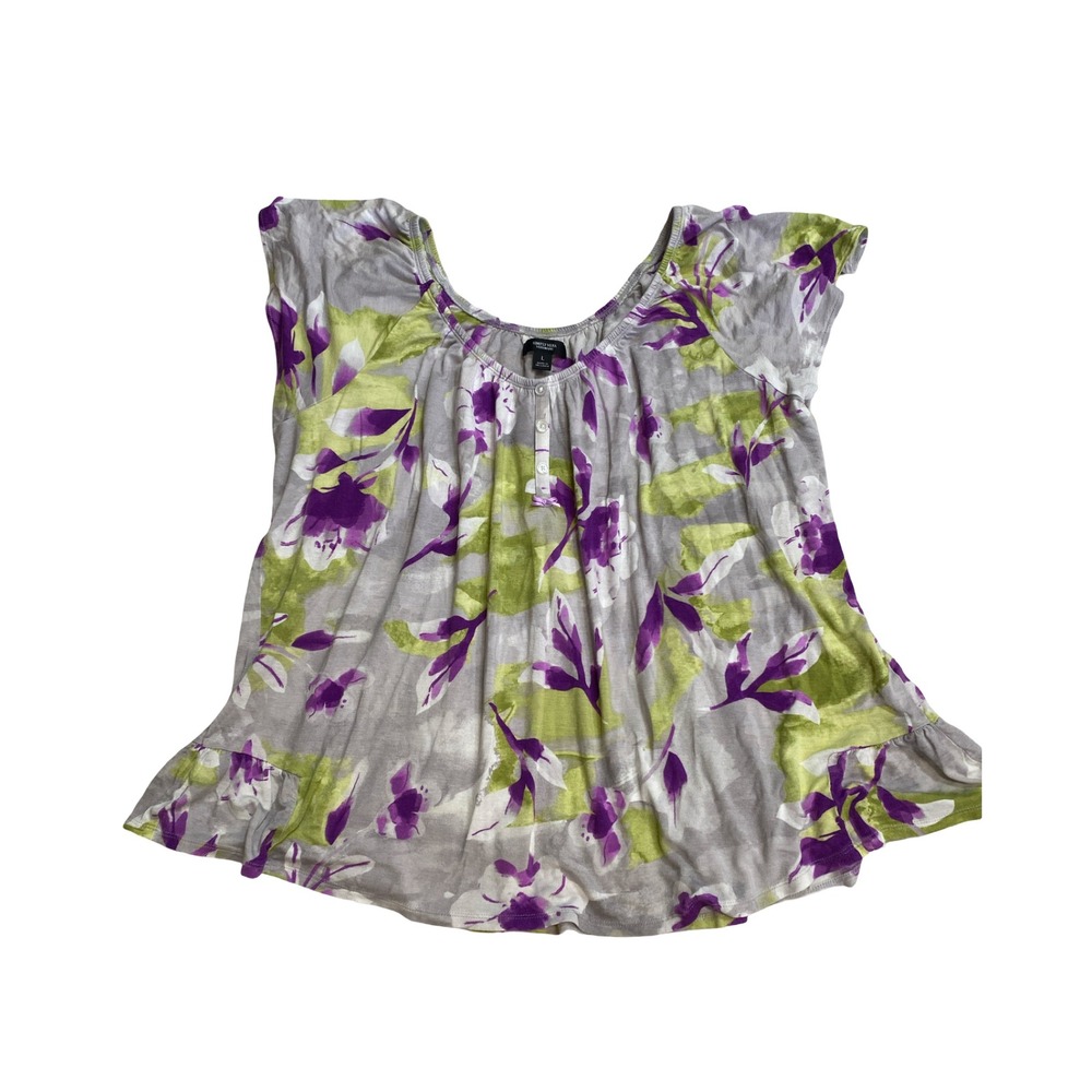 Simply Vera Vera Wang Pajama Set Large Purple Green Floral Ruffle Top Crop Pants - Picture 3 of 10